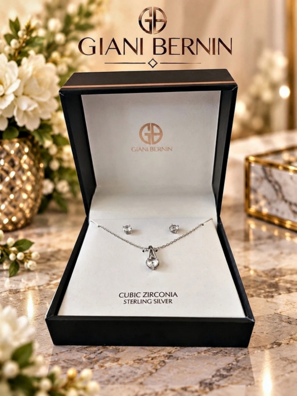 Giani Bernini Sterling Silver CZ Pendant Necklace & Earrings Set NIB
